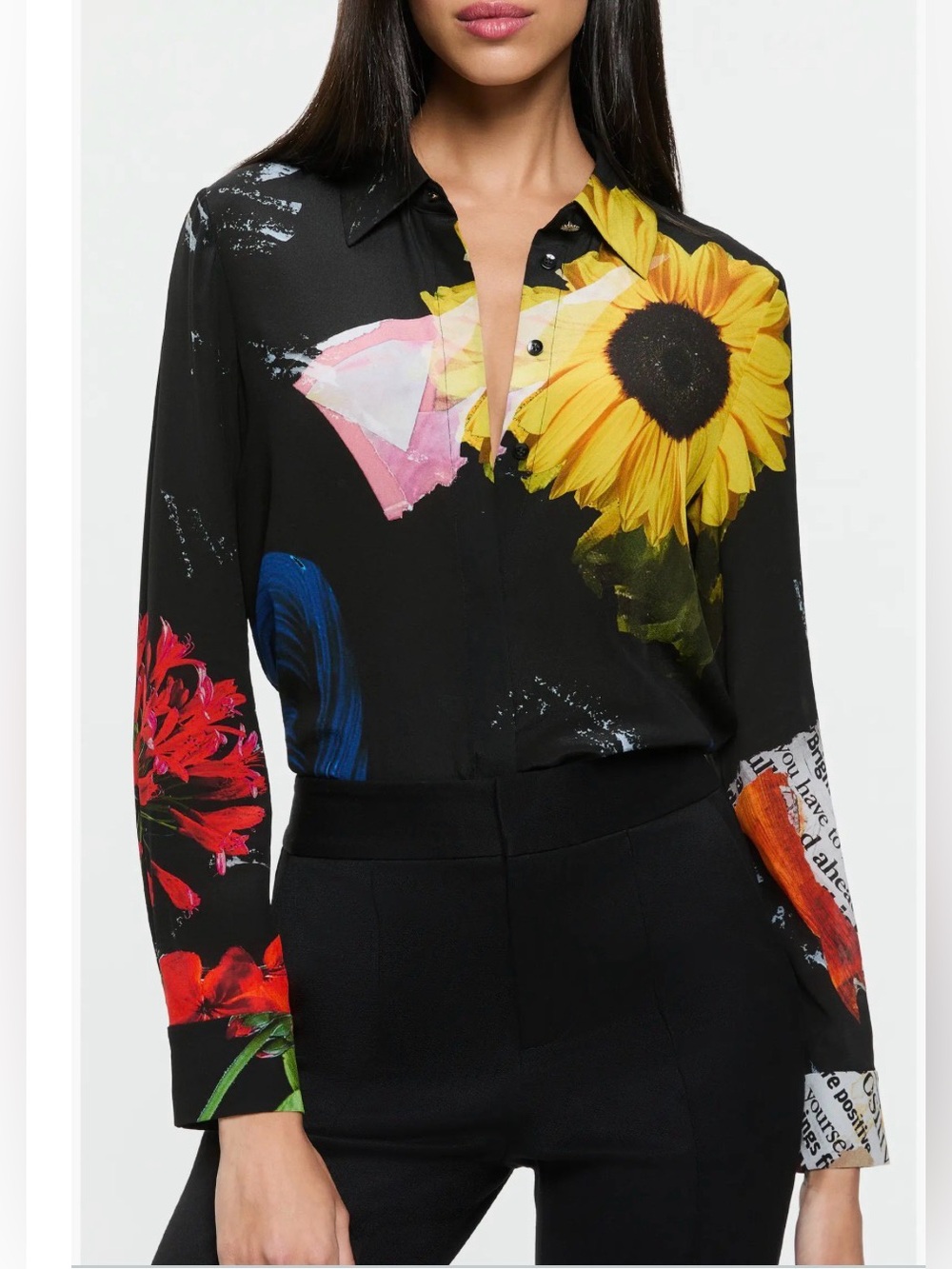 Alice + Olivia Willa Floral 100% Silk Button-Up Black Shirt Size Small $363